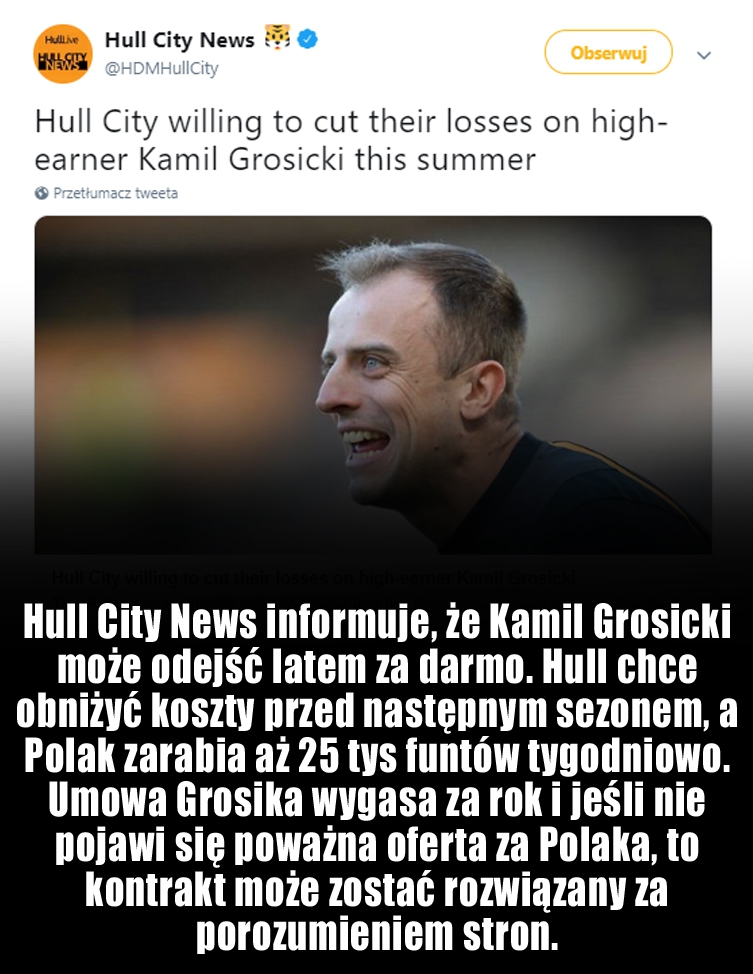 ''Hull City News'': Kamil Grosicki może odejść za darmo